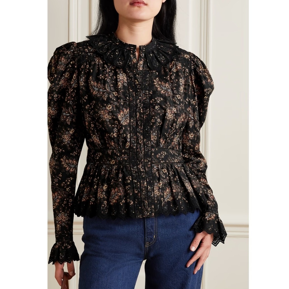 ULLA JOHNSON Brigitte Lace Trimmed Paisley Cotton Blouse In Minuit 4